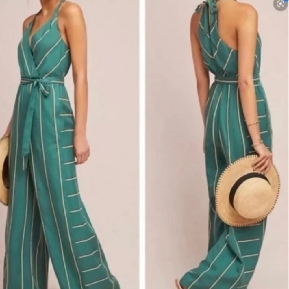 Anthropologie | Ett Twa Stripe V Neck Halter Top Wide Leg Jumpsuit